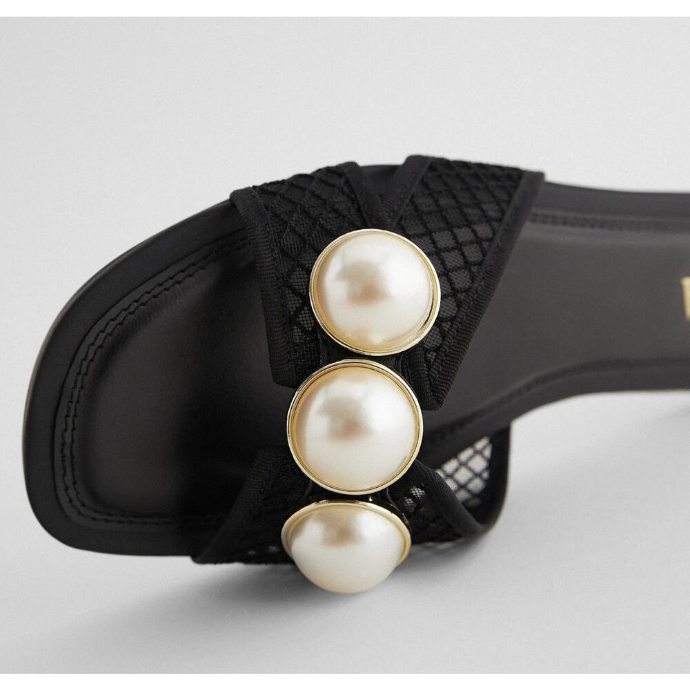 ZARA Pearl Embellished Mesh Slide Sandals NWT Black Resort Flats Size 7.5 - Picture 16 of 16